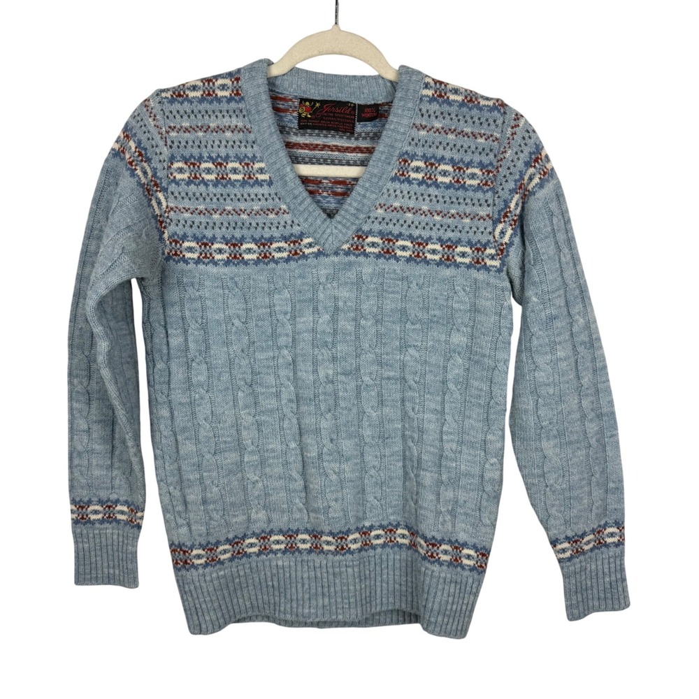 Vintage Jersild Blue Cable Knit Fair Isle V Neck‎ Sweater Size 38
